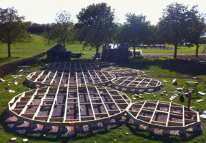 wooden sub frame of Yurt platform floor for interconnected Yurts